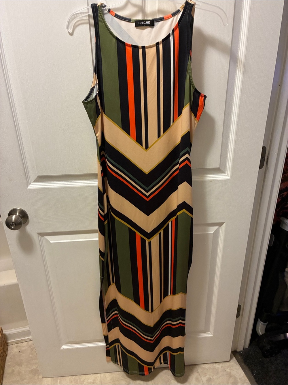 chic Striped Chevron Maxi Dress in Olive, Black & Cream boho style w/geometric